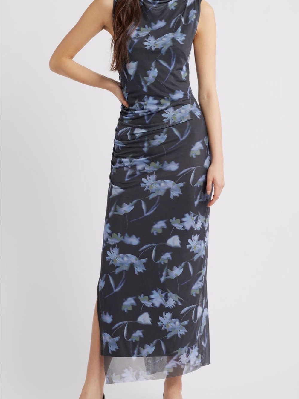 Floral Cowl Neck Maxi Dress in Black and Blue